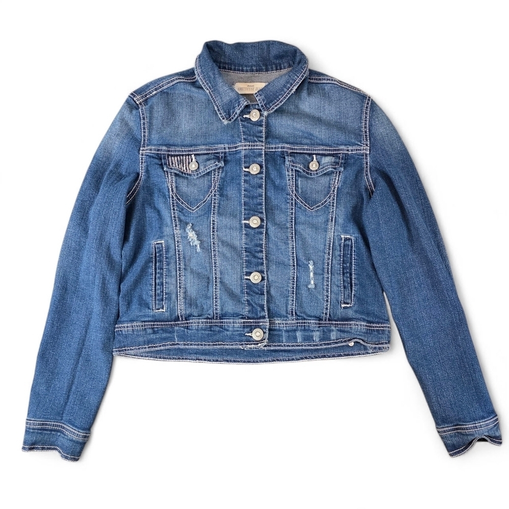 Amethyst Jeans Distressed Crop Denim Jean Jacket Women’s XL Blue Stretch Sequins